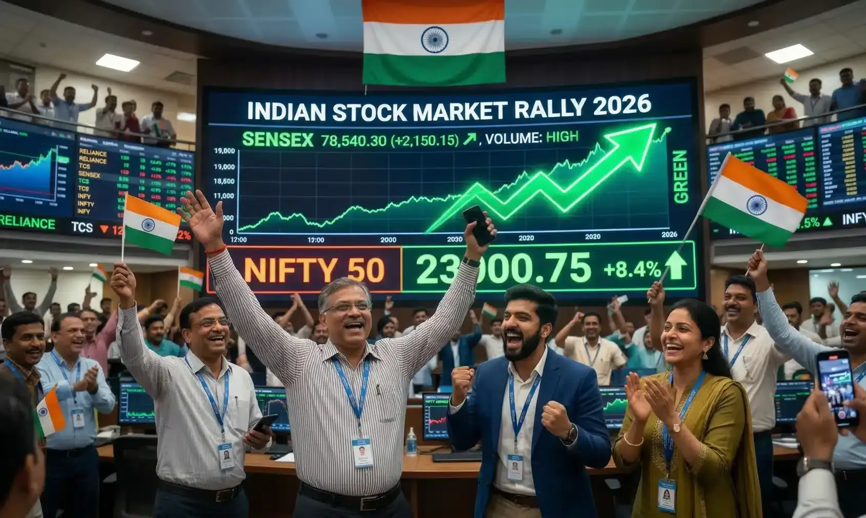 Sensex rally 2026 Nifty 23000 bullish stock market India