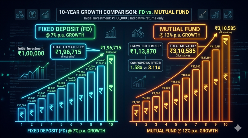 FD vs Mutual Fund 10 साल में return comparison India
