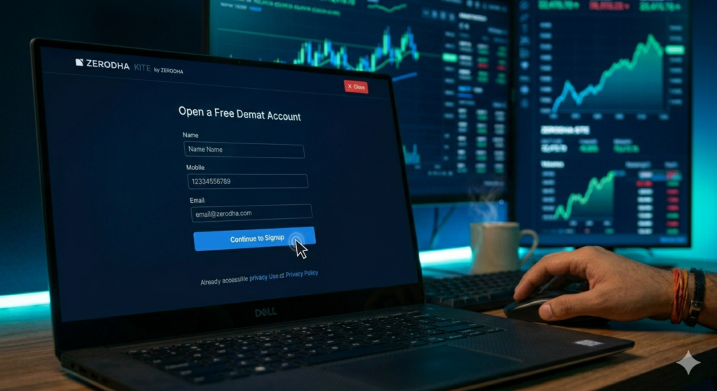 Zerodha signup process step 1 website 2026