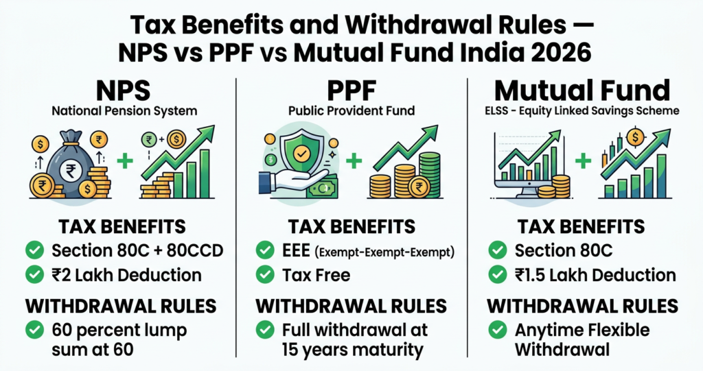 NPS PPF Mutual Fund features comparison infographic India 2026