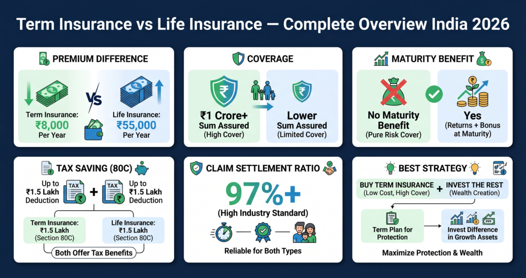 Term Insurance vs Life Insurance complete features overview summary India 2026 Hindi
