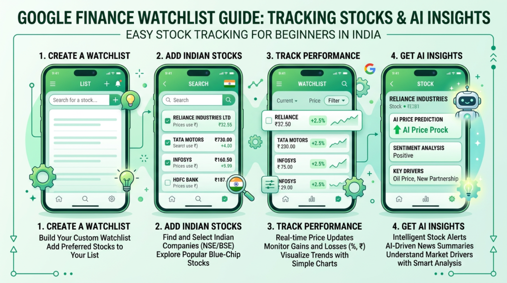 गूगल फाइनेंस AI watchlist stocks India Hindi beginners 2026