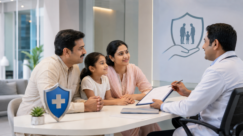 हेल्थ इंश्योरेंस क्या होता है समझाता भारतीय परिवार medical protection concept