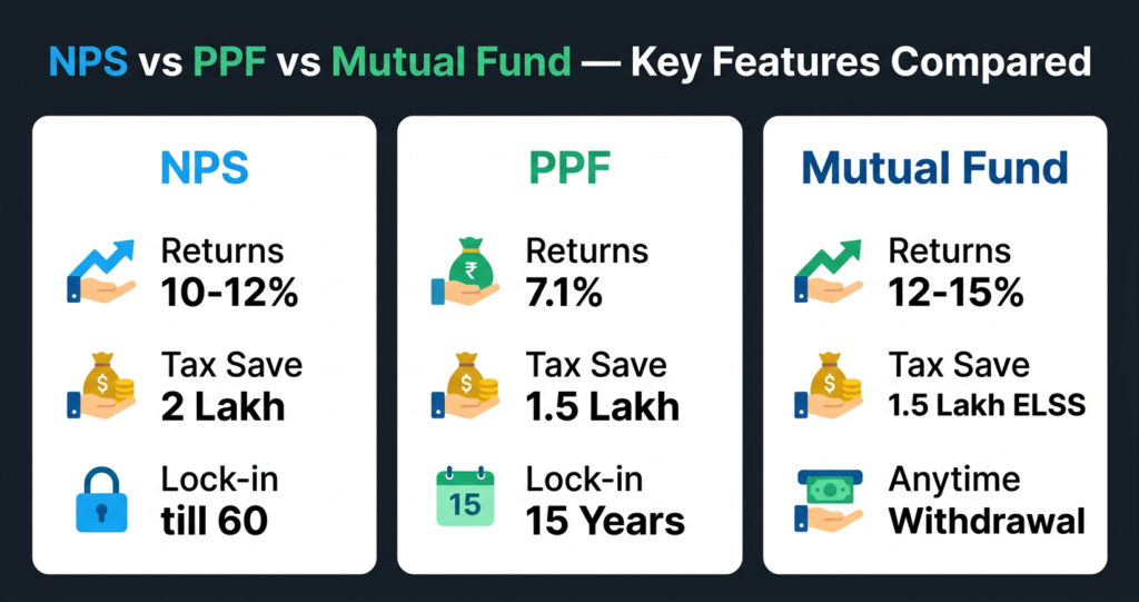 NPS PPF Mutual Fund features comparison infographic India 2026
