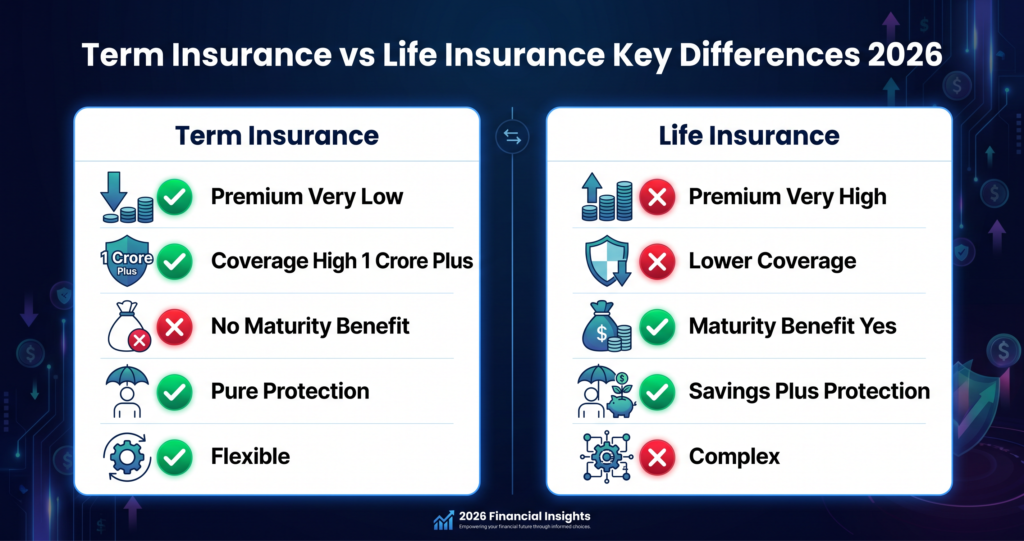  Term Insurance vs Life Insurance features premium coverage comparison infographic 2026 India